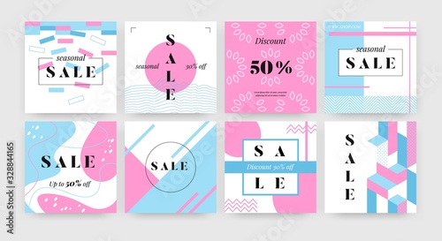 Square sale banner. Promotion layout design template with abstract geometry shapes, social media advertising flyers. Vector set newsletter with style illustration promo signage