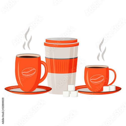 Tree cups cartoon vector illustration. Americano in thermo cup. Black tea in red teacups. Morning beverage. Mug set flat color object. Coffee for company isolated on white background