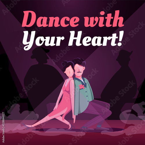 Argentine tango social media post mockup. Dance with your heart phrase. Web banner design template. Latin dance studio booster, content layout with inscription. Poster, print ads and flat illustration