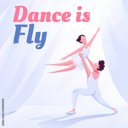Ballet class social media post mockup. Dance is fly phrase. Web banner design template. Theatre dancers booster, content layout with inscription. Poster, print ads and flat illustration