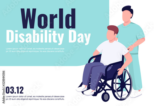 World disability day banner flat vector template. Brochure, poster concept design with cartoon characters. Handicapped people rehab and support horizontal flyer, leaflet with place for text