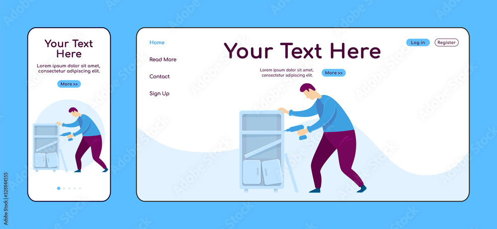 Assembling furniture adaptive landing page flat color vector template. Handyperson with drill mobile and PC homepage layout. Repairman one page website UI. Home repairs webpage cross platform design