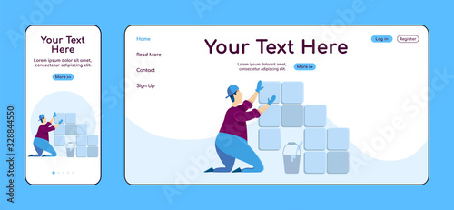 Laying tiles adaptive landing page flat color vector template. Professional tiler mobile and PC homepage layout. Repairman one page website UI. Home repairs webpage cross platform design