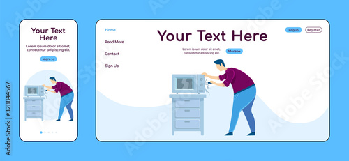 Appliance repairing adaptive landing page flat color vector template. Broken kitchenware mobile and PC homepage layout. Repairman one page website UI. Home repairs webpage cross platform design