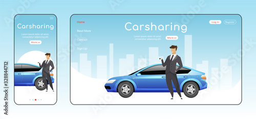 Carsharing responsive landing page flat color vector template. Carpooling service homepage layout. One page website UI with cartoon character. Ride share adaptive webpage cross platform design