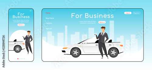 For business responsive landing page flat vector template. Car rental service homepage layout. One page website UI with cartoon character. Corporate transport adaptive webpage cross platform design