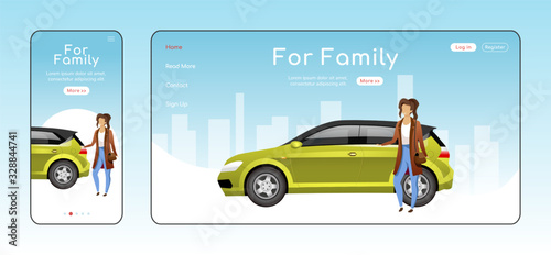 For family responsive landing page flat vector template. Car dealership service homepage layout. One page website UI with cartoon character. Hatchback sale adaptive webpage cross platform design