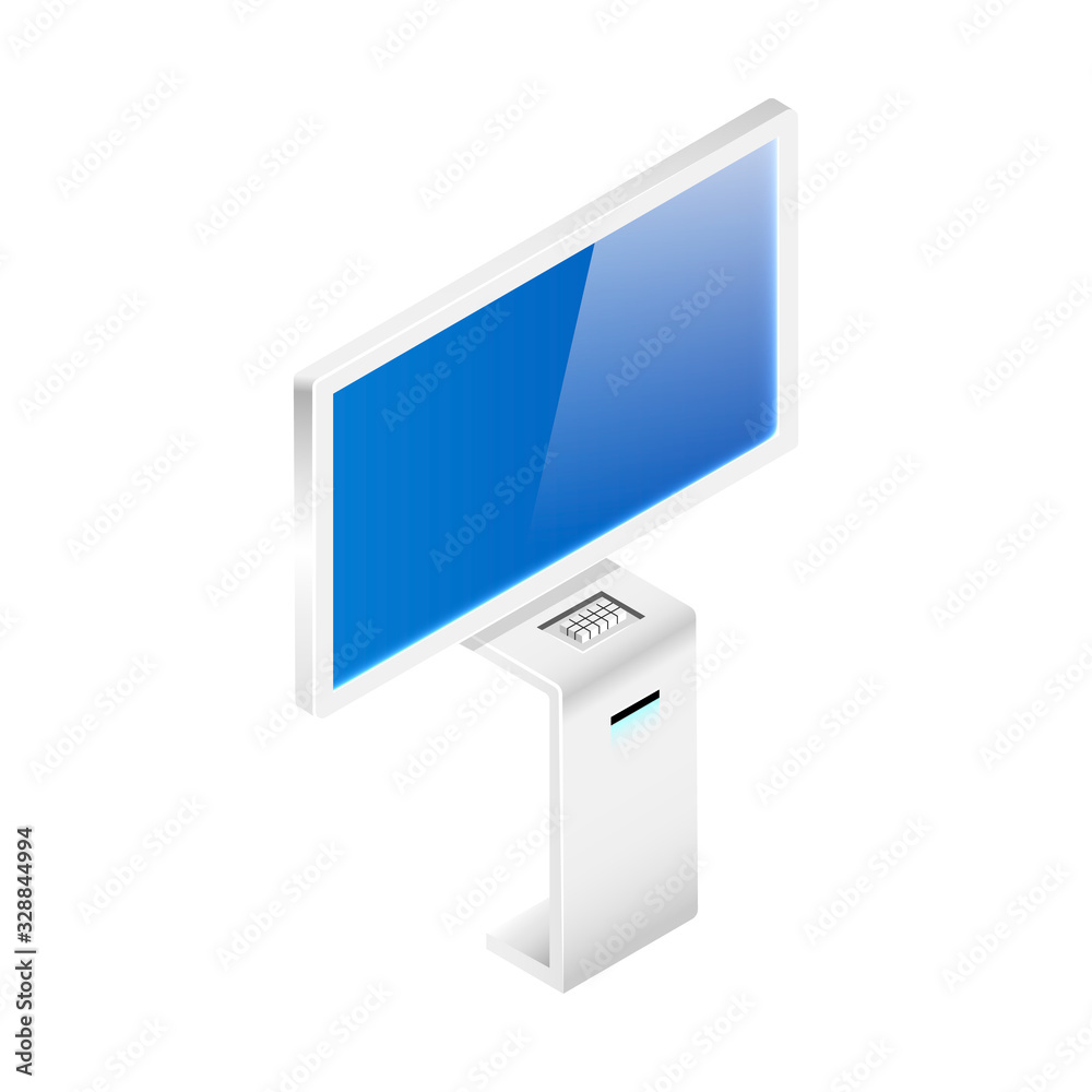 Wireless digital panel isometric vector illustration. Product promotion kiosk flat color object. Interactive digital panel with blank display isolated on white background. Modern technology Wireless digital panel isometric vector illustration. Product promotion kiosk flat color object. Interactive digital panel with blank display isolated on white background. Modern technology