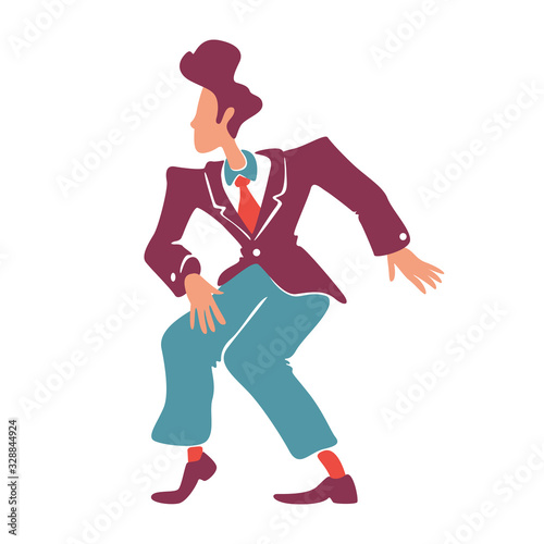 Retro style guy in vintage suit dancing flat color vector faceless character. Old fashioned cool caucasian man having fun. Boogie woogie male elegant dancer isolated cartoon illustration