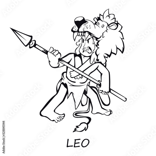 Leo zodiac sign man outline cartoon vector illustration. Caveman in lion skin with spear. Ready to use 2d character template for commercial, animation, printing design. Isolated comic hero