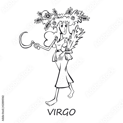 Virgo zodiac sign woman outline cartoon vector illustration. Girl in floral wreath. Ready to use 2d character template for commercial, animation, printing design. Isolated comic hero