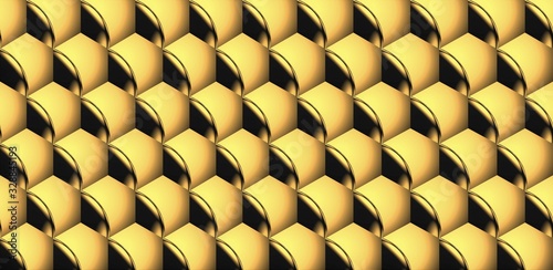 Computer generated image of a rounded hexagonal structure in golden tones. Golden geometrical background.