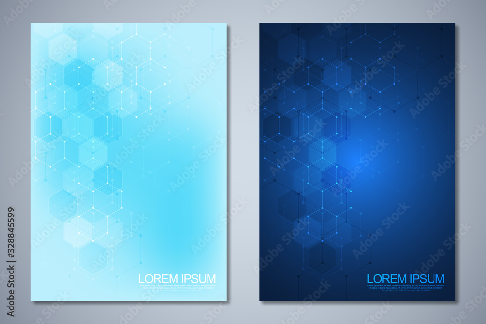 Template brochure or cover book, page layout, flyer design with abstract hexagons pattern.
