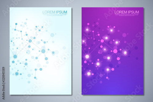 Templates brochure or cover book, page layout, flyer design with abstract background of molecular structures and DNA strand. Concept and idea for innovation technology, medical research, science.