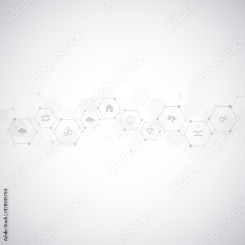 Technology background with flat icons and symbols. Concept and idea for internet of things, communication, network, innovation technology, system integration. Vector illustration.