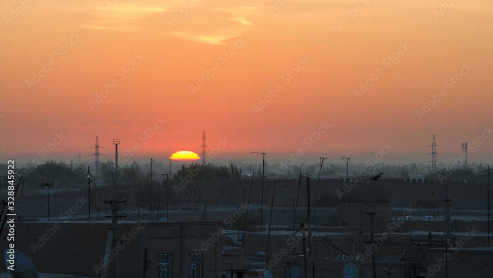 Sunrise above Khiva. Uzbekistan, Central Asia.