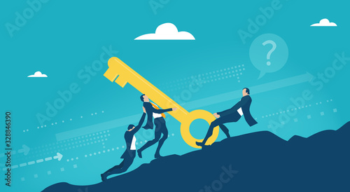 Business people pushing golden key pu hill.  © IRStone