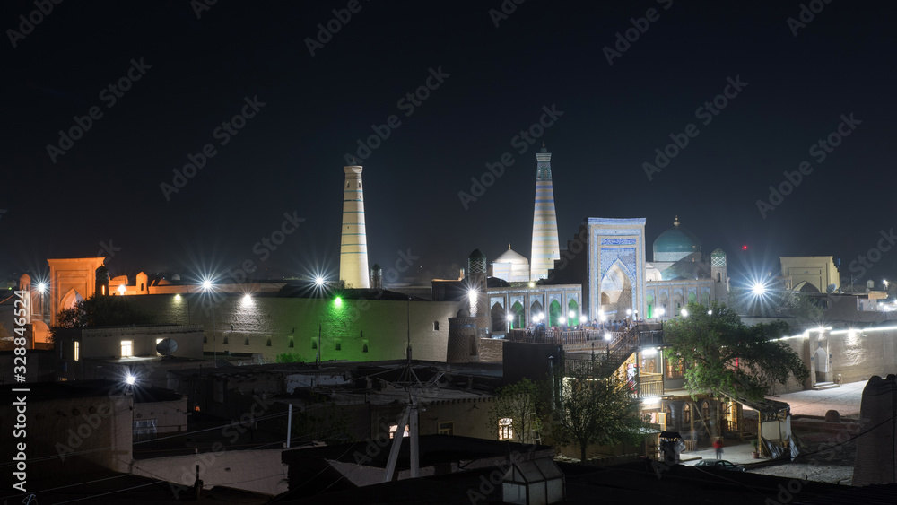 Naklejka premium Night panorama of old town. Khiva, Uzbekistan, Central Asia.