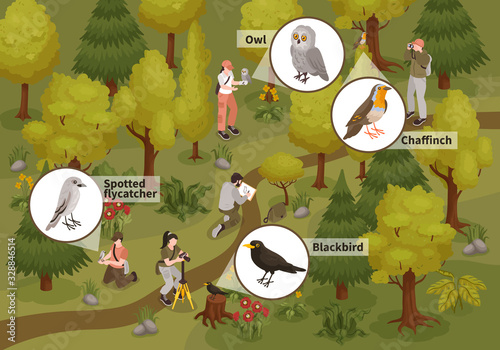 Ornithologist Birds Isometric Composition 