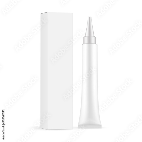 Plastic cosmetic tube with paper box isolated on white background. Vector illustration