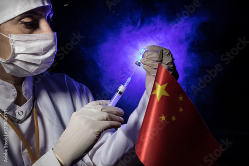 Coronavirus / Corona virus concept. china put mask to fight against Corona virus. Concept of fight against virus. Many Virus attack isolated on blue sky background.