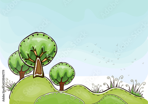 Background with green hills, grass and trees. 