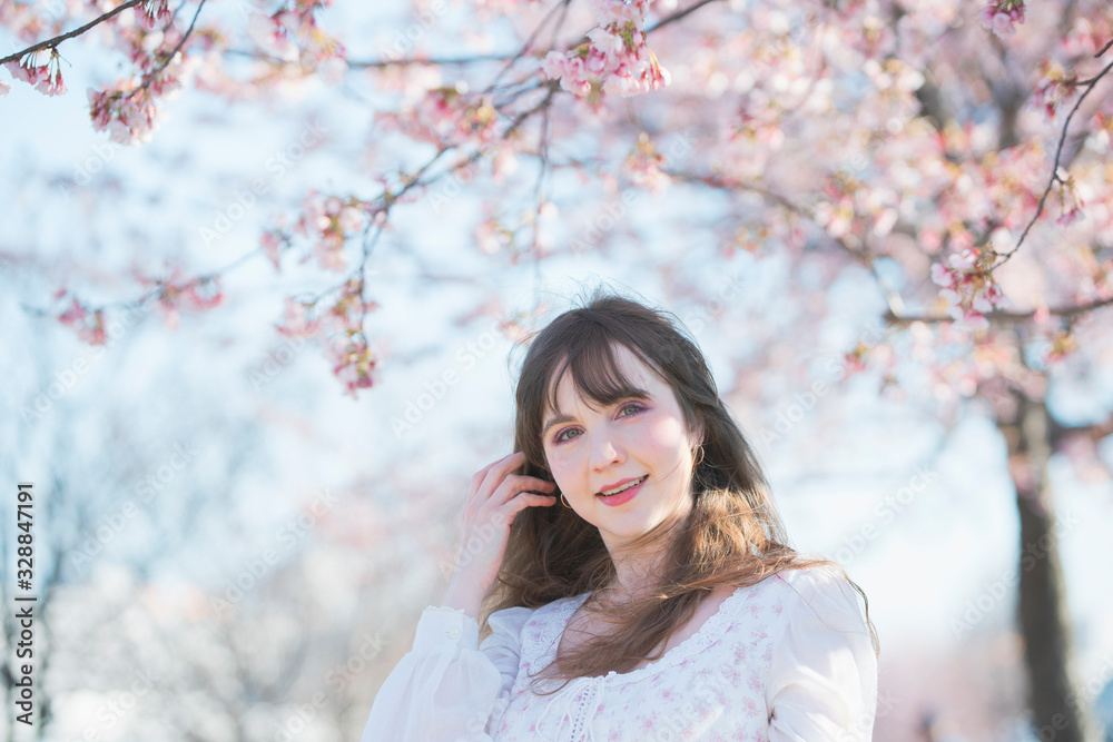 桜を見る女性 桜を見る女性