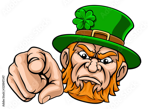 A tough looking leprechaun pointing finger at you mascot cartoon character