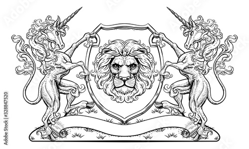 A crest coat of arms family shield seal featuring unicorn horned horses and lion
