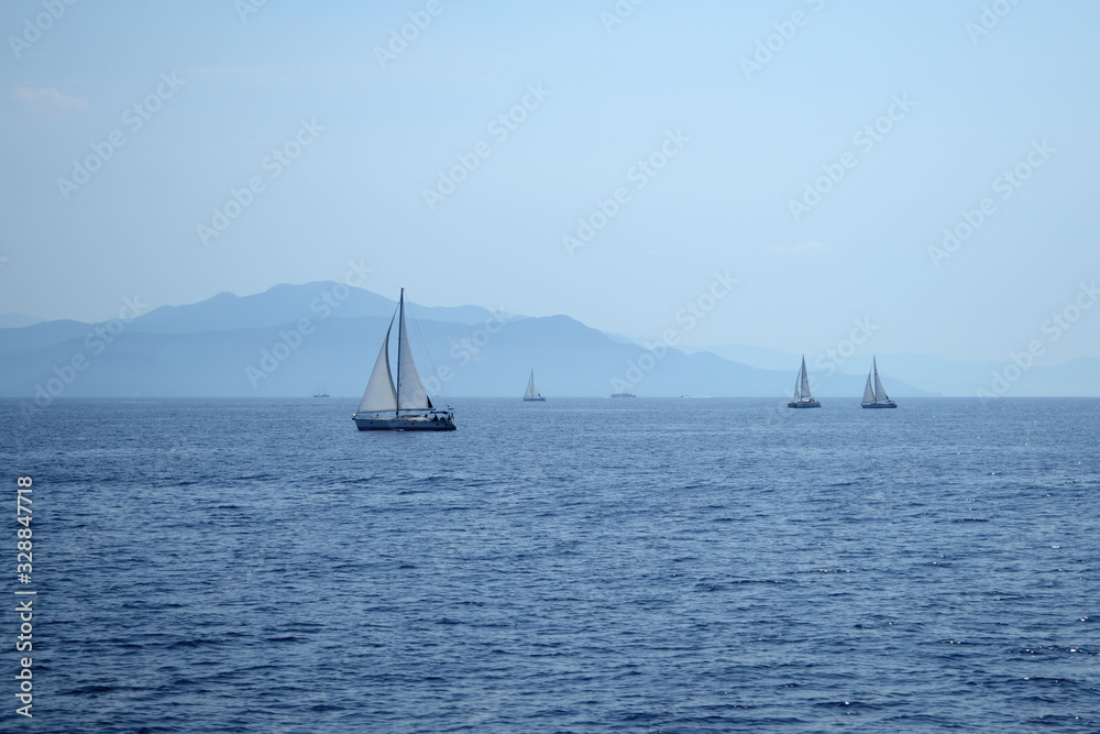 Blue sea navigation. Landscape with boats at horizon in a summer day.