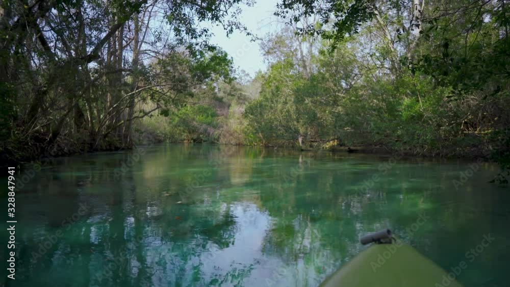 Kayaking through the magical clear blue and turquoise water of Weeki Wachee Springs State Park river in Florida, home to manatees, turtles and wildlife. The sun is shining through green tropical trees Kayaking through the magical clear blue and turquoise water of Weeki Wachee Springs State Park river in Florida, home to manatees, turtles and wildlife. The sun is shining through green tropical trees