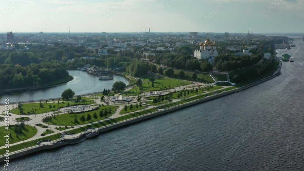 Aerial view of park Strelka and Volga river in Yaroslavl city center, Russia, 4k Aerial view of park Strelka and Volga river in Yaroslavl city center, Russia, 4k