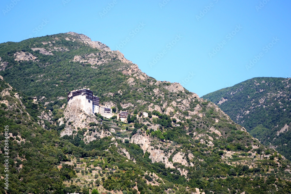 Landscape of church on the Athos mountain, Greece.