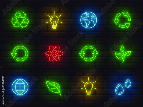 collection of shiny neon colorful icons signs symbols ecology theme