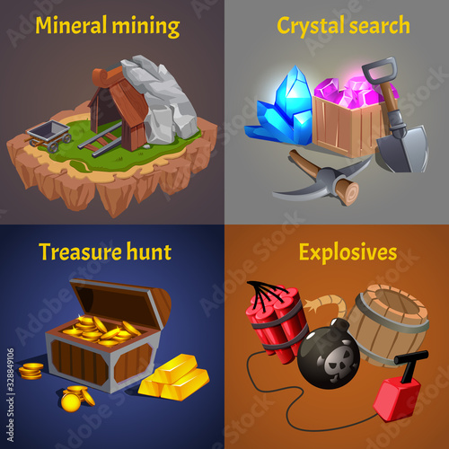 Cartoon Mining Game Design Icon Set