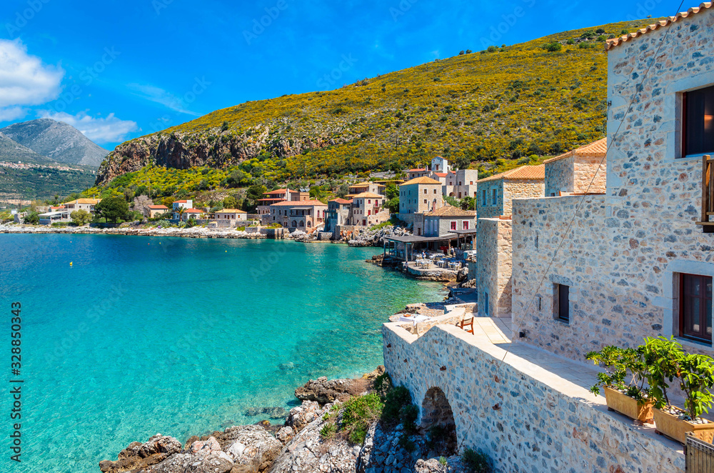 Scenic view at the picturesque village of limeni with the beautiful alleys,turquoise waters and the characteristic stone tower buildings.