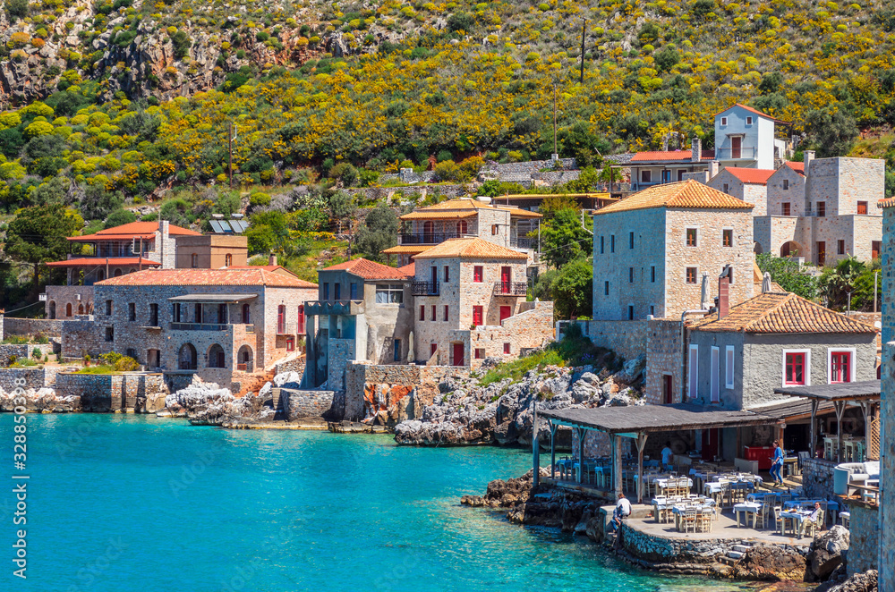 Scenic view at the picturesque village of limeni with the beautiful alleys,turquoise waters and the characteristic stone tower buildings.