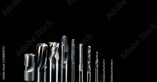 tool special end mill reamer step burnishing solid brazing and small drill material is Tungsten alloy carbide micro alloy precision for work aluminium steel cast iron. Isolated on black background.