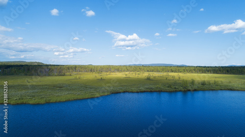 Aerial view on swamp lake in summer sunny day. Blue sky with clouds. Lapland.