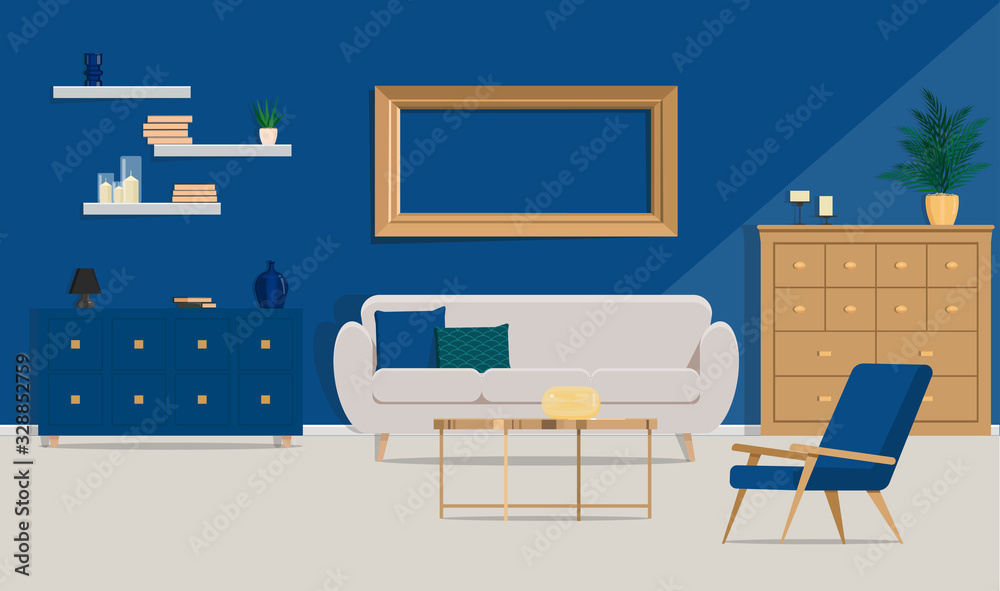 Interior design of a cozy living room with stylish furniture. Vector ...