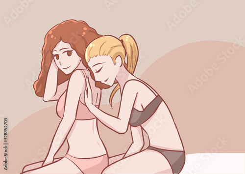 sweet gay lesbian couple sitting together and playing in relax position romantic sensual night vector illustration cartoon drawing