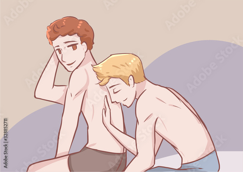 sweet gay men couple sitting together and playing in relax position romantic sensual night vector illustration cartoon drawing