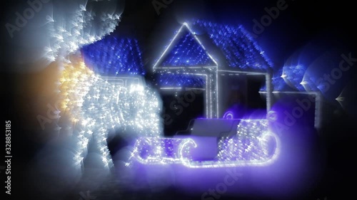 Glowing Christmas Reindeer Lights Design With Little Houses On Background. Santa sleigh, Christmas decorations