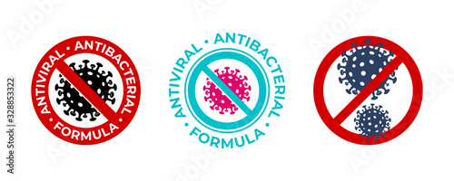 Antiviral antibacterial coronavirus formula vector icons. Coronavirus 2019 nCov, Covid 19 NCP virus stop signs, health protection labels
