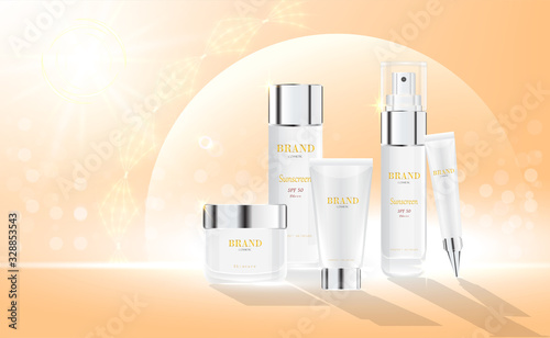 Sunblock, sun protection cosmetic products design with moisturizer cream or liquid, sparkling background orange glitter  vector design.