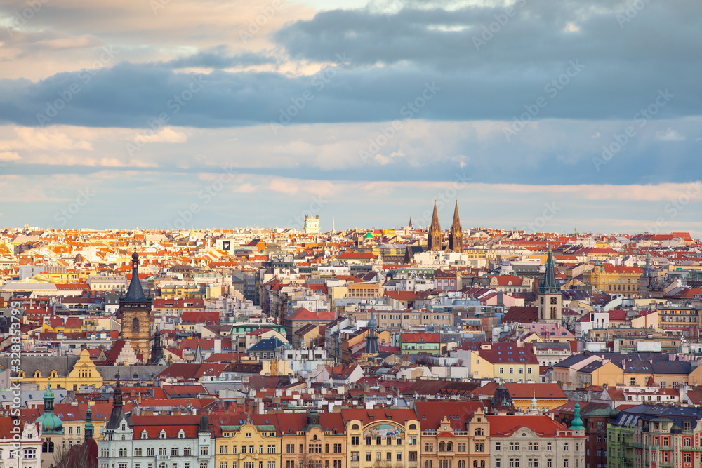  Aerial panoramic view of the histrical roofs. Prague, Czech Republic.