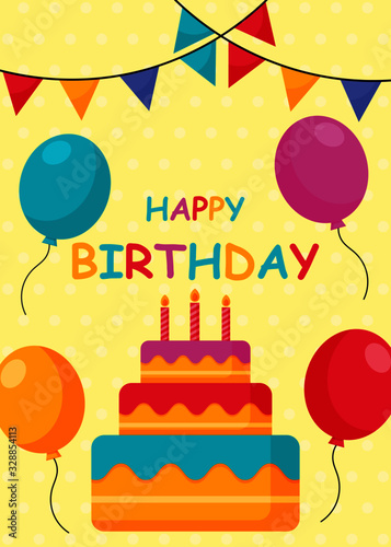 Happy Birthday cards with party template and banner on yellow background. vector Illustration.  