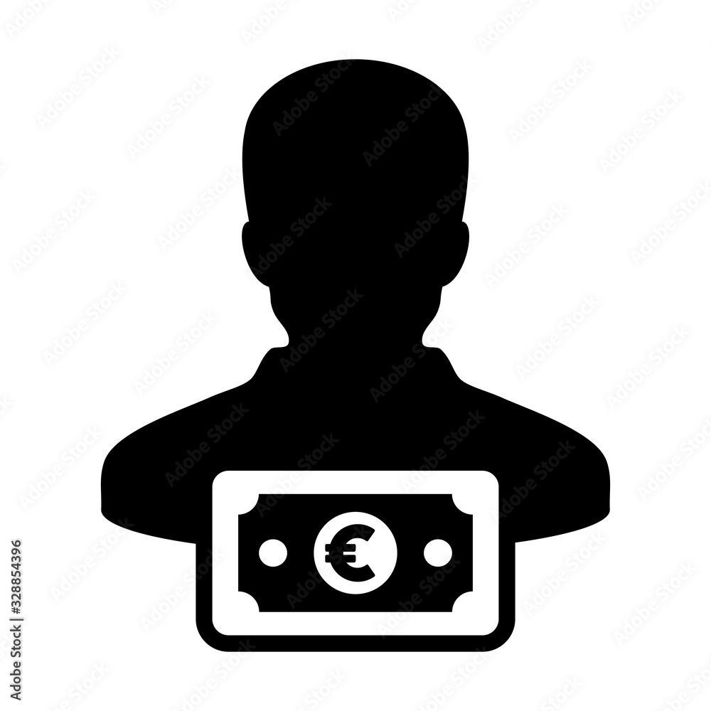 Currency icon vector male user person profile avatar with Euro money symbol for banking and finance business in flat color glyph pictogram illustration