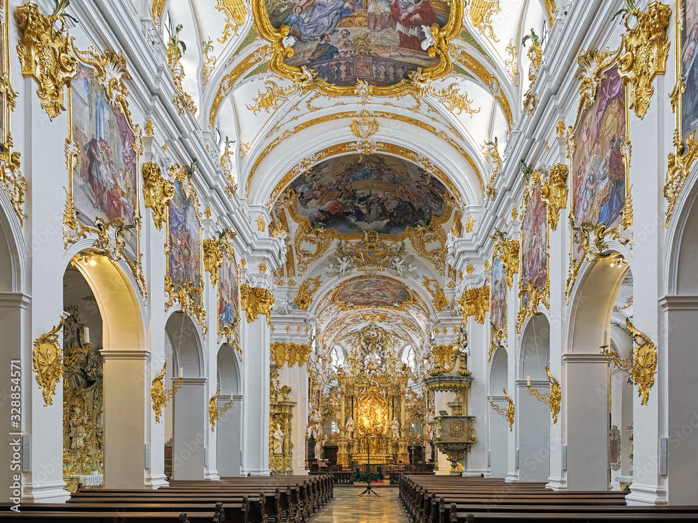 Regensburg, Germany. Interior of Collegiate Church of Our Lady of the Old Chapel. This is the oldest catholic place of worship in Bavaria, founded in 875. The rococo interior is from the 18th century.