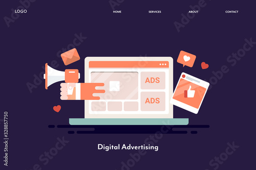 Digital advertising, online ads displaying on website, ppc, paid digital branding strategy, promotion and brand awareness creation concept. Web banner template.